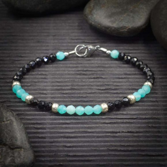 Black Tourmaline and Amazonite Crystal Bracelet - Handmade to Order - Picture 1 of 2
